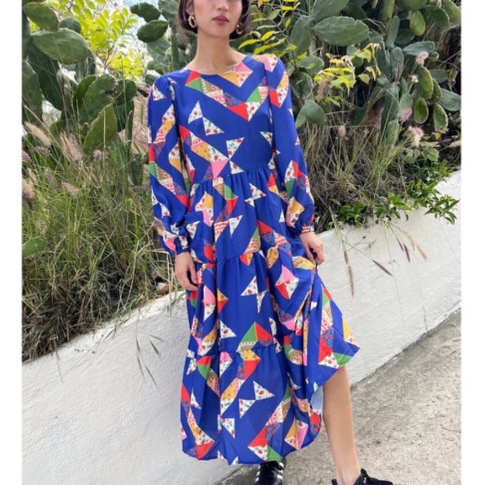 Lisa Says Gah - Alpine Snowbunny Maxine Patchwork Print Midi Dress M / Medium